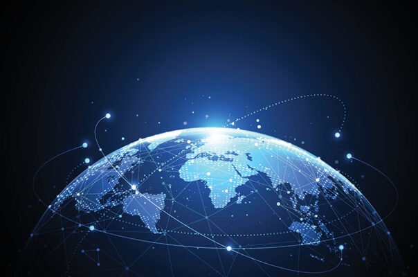 Digital illustration of Earth with glowing network lines and points to show IoT module connectivity.