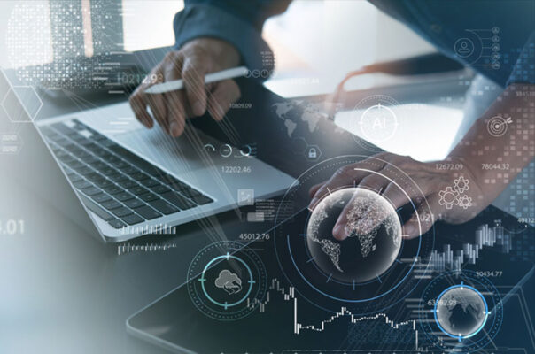 A person holds a white pen while using a tablet and a laptop, overlaid with digital graphs and data charts.