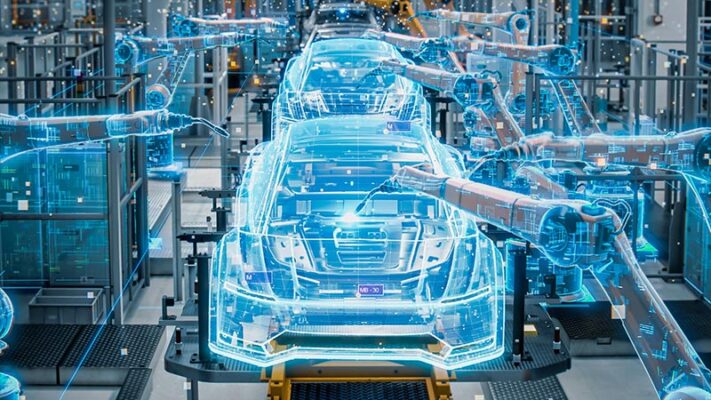Cars overlaid with blue blueprints sit on an automotive manufacturing production line while industrial robotic arms, also overlaid with blue blueprints, reach toward them.