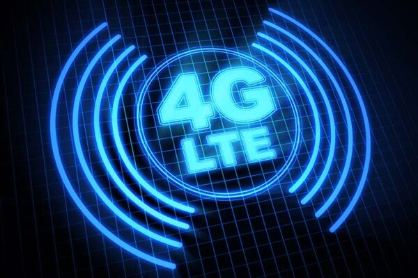 A glowing blue 4G LTE symbol with radiating lines, set against a dark grid background.