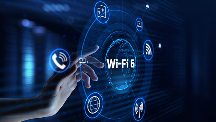 A hand interacts with a digital interface displaying "Wi-Fi 6," surrounded by icons for phone, cloud, globe and signal against a dark background.