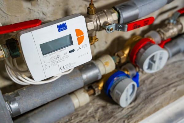 Close-up of water and heat meters with pipes and valves mounted on a wall, showing measurement and control equipment for utilities.