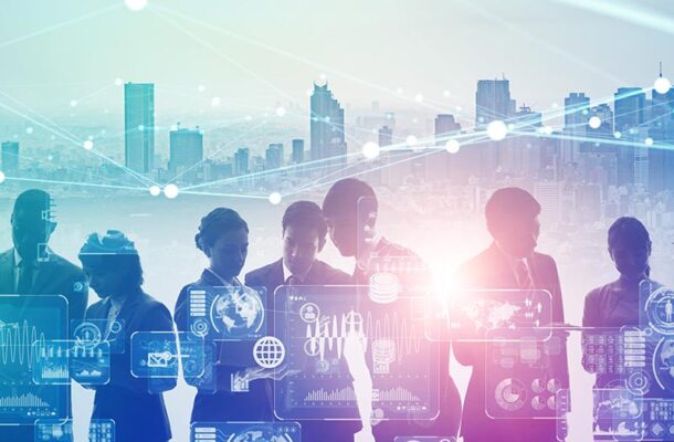 Silhouettes of businesspeople with digital data graphics overlay, set against a cityscape backdrop.