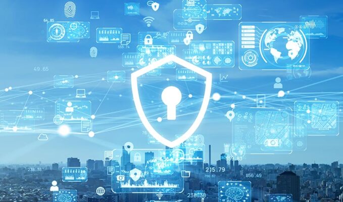 A digital security concept image featuring a cityscape overlaid with a large lock symbol and various blue digital icons and data graphics.