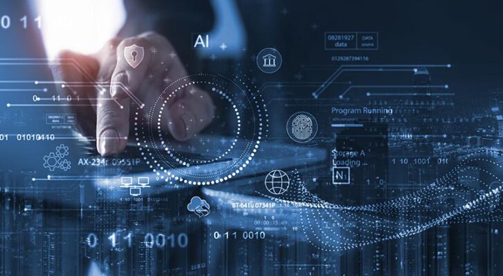 A hand interacts with a transparent screen that displays digital icons, data charts and edge computing elements over a cityscape background.