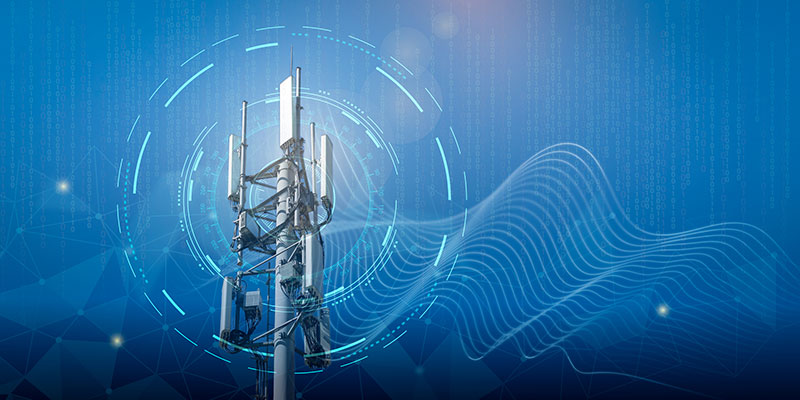 A telecommunications tower with signal waves and digital graphics against a blue background, representing 5G eMBB.