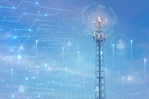 A telecommunications tower with multiple antennas stands against a sky backdrop, featuring digital graphics overlay. The image highlights beamforming and massive MIMO, illustrating intricate network connections and data transmission symbols.