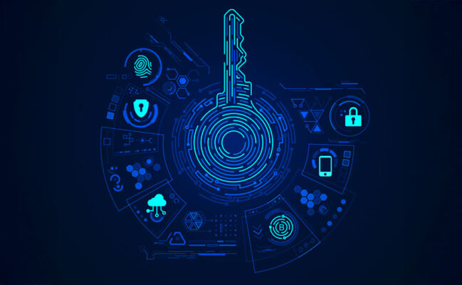 Digital illustration of a key surrounded by IoT security icons, including a lock, cloud and shield.