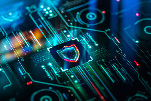 A digital circuit board with a glowing shield icon in the center, representing native security.