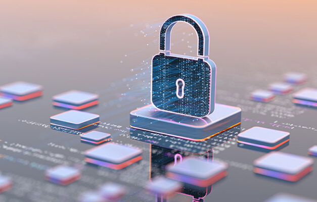 A digital padlock sitting on a raised square surface and surrounded by square tiles.