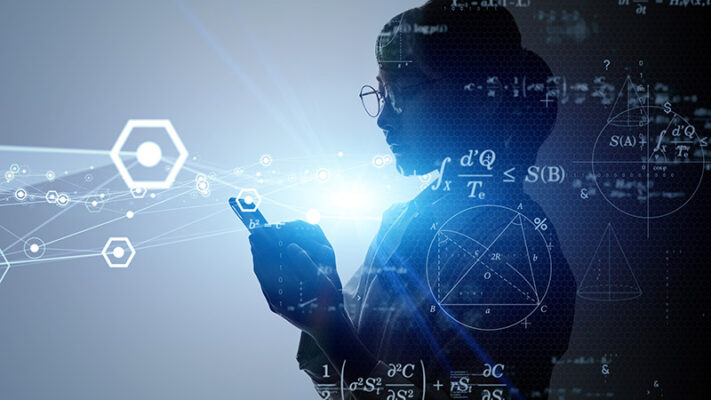 Silhouetted person using a tablet with abstract digital and mathematical graphics in the background.