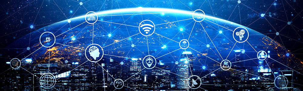 A globe network over a cityscape at night, showcasing interconnected icons representing various technologies and internet services.