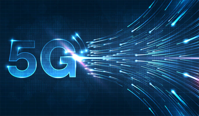 Digital "5G" graphic with blue light streaks symbolizing fast data transfer on a dark blue background.