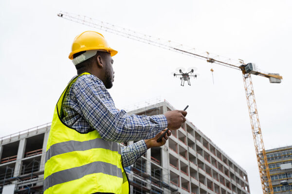 A person in a hardhat and visibility vest guiding an industrial unmanned drone to survey a construction site.