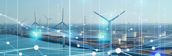 A coastal field with wind turbines and power lines, overlaid with a digital network grid.