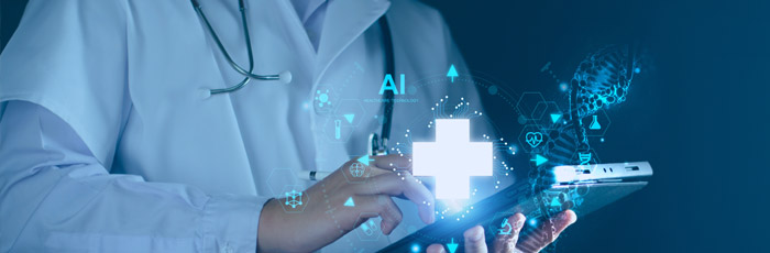 A doctor uses a tablet with a stethoscope around their neck, and digital medical icons, including AI and a cross, appear above the tablet.