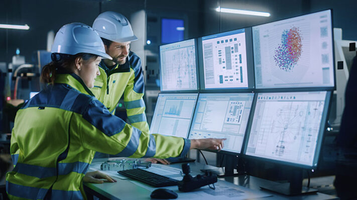 Two workers in safety gear review technical data and diagrams on multiple computer monitors in a 5G-enabled control room setting.
