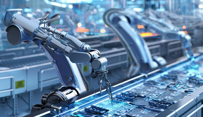 Robotic arms assemble electronic components on a conveyor belt in an industrial factory enabled by 5G and IIoT technology.