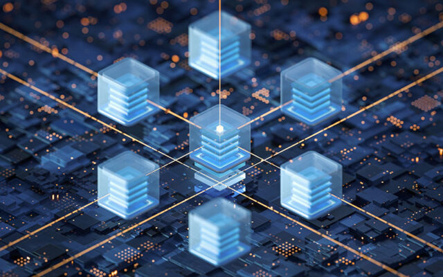 Digital interconnected glowing cubes representing 5G data blocks or servers in a network on a dark grid background.