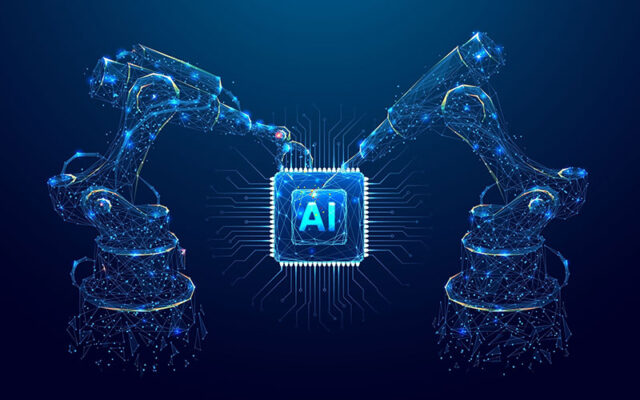 Two robotic arms made of blue digital lines manipulate a central microchip labeled "AI."
