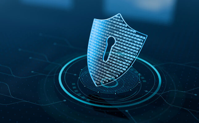 A digital shield with binary code and a keyhole icon representing cybersecurity sits on a blue circle.
