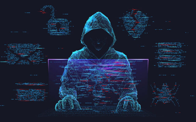 A digital illustration of a hooded figure using a laptop, surrounded by symbols and glitch effects, representing hacking or cybercrime.