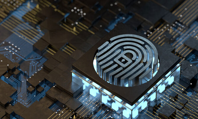 A fingerprint icon with a padlock in the center sits atop a computer chip, representing cybersecurity.