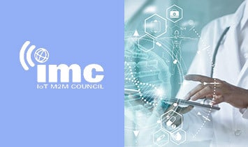 IMC IoT M2M Council logo with doctor using a tablet, overlaid with health care icons.