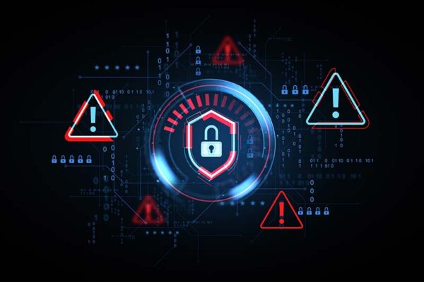 A digital illustration of a padlock inside a shield surrounded by red warning triangles with exclamation marks, representing cybersecurity threats and alerts.