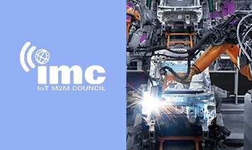 IMC IoT M2M Council with automotive assembly line using industrial robotic arms.