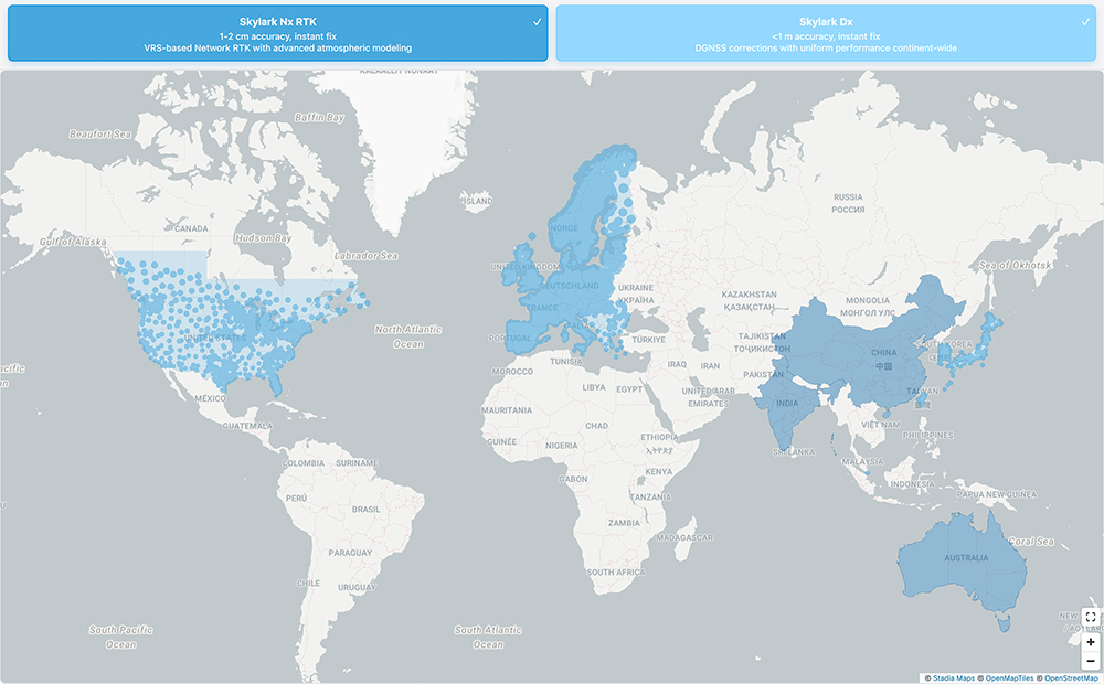 World map displaying data points for SkyArk Hub RTX coverage in North America, Europe, and Australia, and SkyArk Flex coverage in Europe, India, East Asia, and Australia.