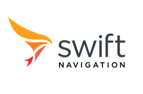 Logo of Swift Navigation, featuring an abstract orange and red wing or arrow shape to the left of the company name in grey text.
