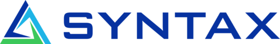 Syntax Systems company logo with a stylized blue pyramid above the letter "a."