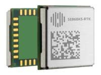 Small rectangular electronic chip with metallic casing, circuit board exposed on one side, and a QR code along with "SE868K5-RTK" text on the other side.