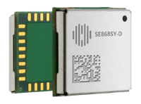A close-up of a small electronic chip labeled SE868SY-D, showing both its metal shielded side and exposed circuit side with gold connectors.