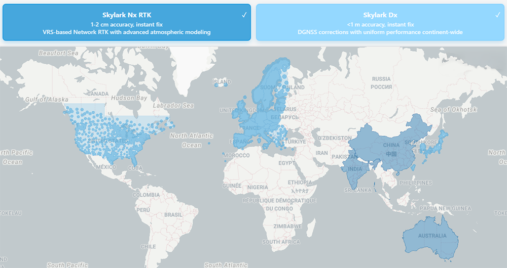 World map showing coverage areas for Skylark Nx RTK (left, VRS-based, North America) and Skylark Dx (right, DGNSS corrections, Europe, Asia, Australia) highlighted in blue.