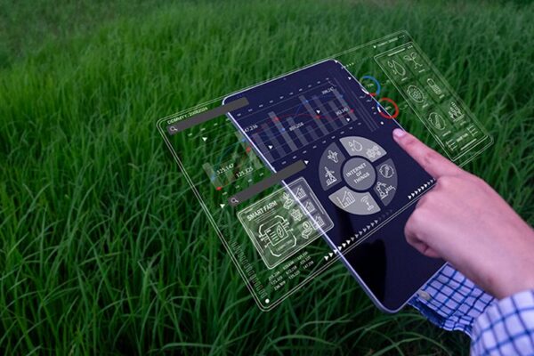 A person uses a tablet with a transparent digital interface displaying charts and smart farm controls in a field of green grass.
