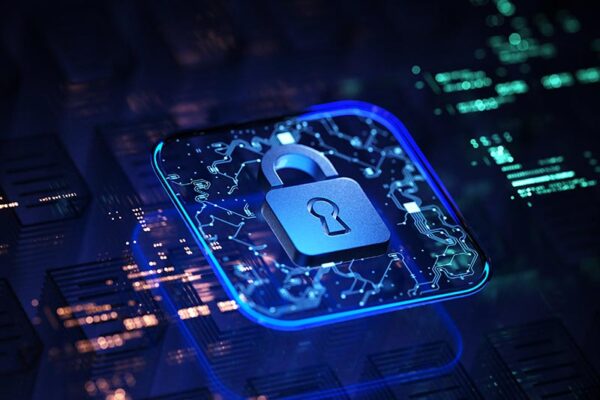 A digital illustration of a padlock on a circuit board background, symbolizing secure IoT and data protection.