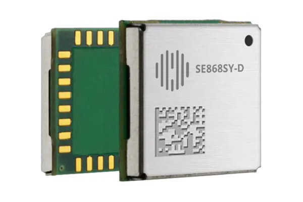A close-up view of a SE868SY-D electronic GNSS module with exposed gold connectors and a printed QR code on its metallic casing.