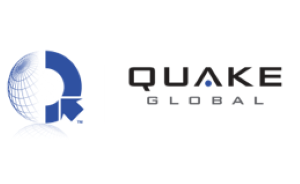 Quake Global logo featuring a stylized blue globe and "Q" icon on the left, with the company name "QUAKE GLOBAL" in black text on the right, highlighting their partnership as an Antenna Company.