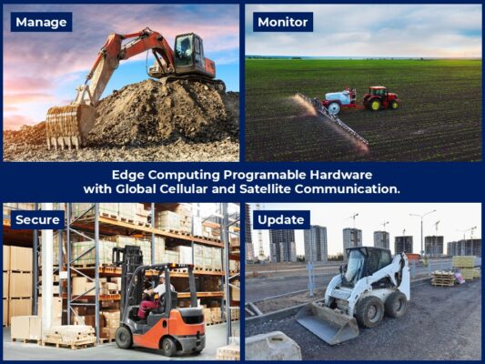 Four images show: an excavator on soil labeled "Manage," a tractor in a field labeled "Monitor," a forklift in a warehouse labeled "Secure," and a skid-steer loader on pavement labeled "Update"—all powered by Antenna Company technology.