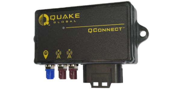 Black QConnect device from Quake Global with Antenna Company logo, indicator icons, and three colored ports at the bottom.