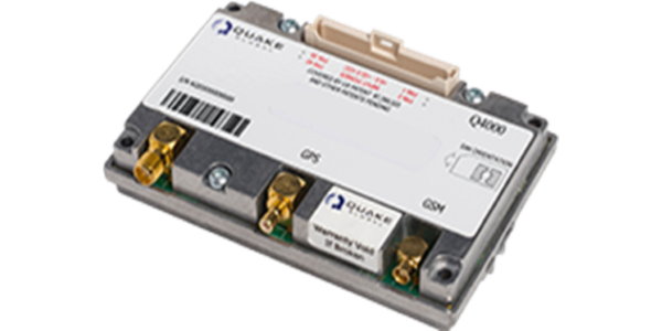 Rectangular electronic module from Antenna Company featuring connectors and labeled ports, including GPS and GSM, mounted on a metal base.