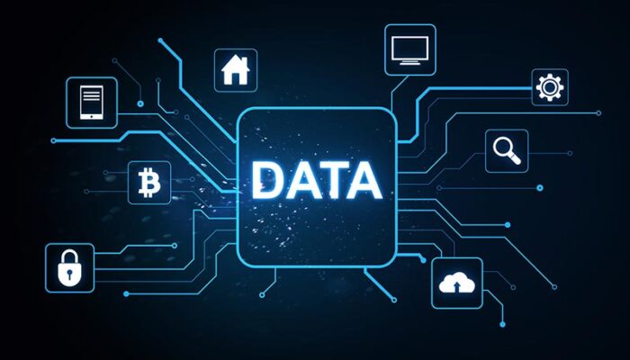 A digital graphic with "DATA" in the center, surrounded by icons for technology, security, home and cloud storage.