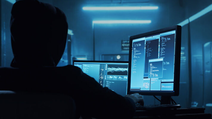 A person wearing a hood sits in front of multiple computer screens in a dimly lit room, working on a task that involves coding or hacking.