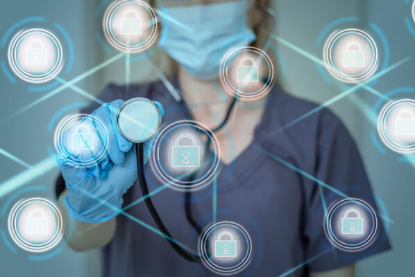 A health care professional in a blue uniform and mask holds a stethoscope, with digital lock icons superimposed, symbolizing IoT cybersecurity in health care.