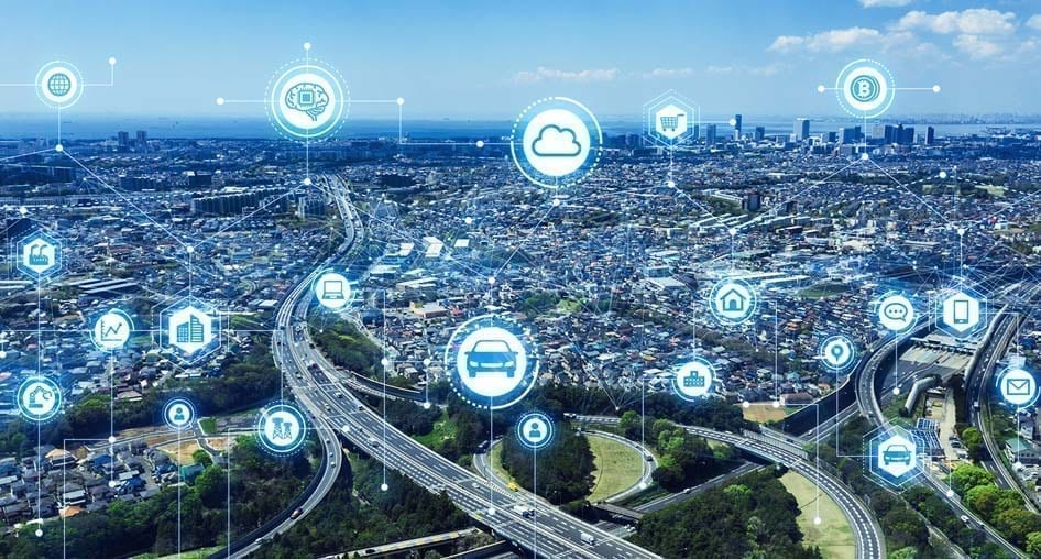 Aerial view of city during the day with icons overlaid.