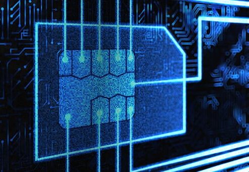 Digital representation of a SIM card on a circuit board.