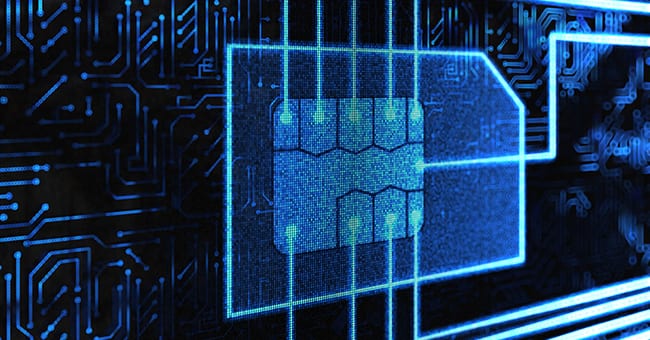 Digital representation of a SIM card on a circuit board.