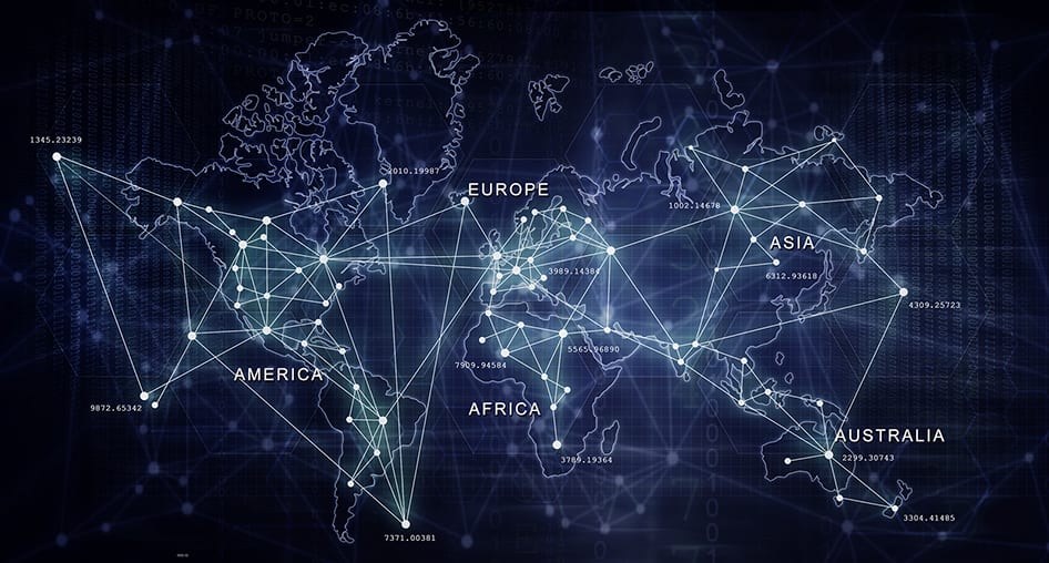 A dark world map with continent labels overlaid with a connected network of dots.